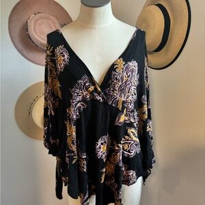 Free People Black and Gold Floral Blouse